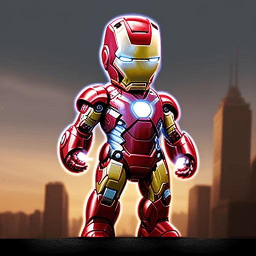 AI generated: baby iron man, standing, marvel world, light, wide angle