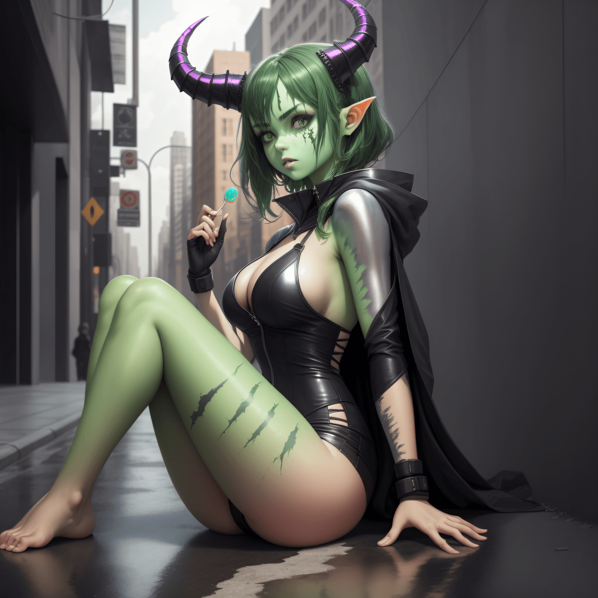 AI generated: masterpieces, best quality, 1girl, demon girl, demon horns, green skin, ambient occlusion, sexy outf...