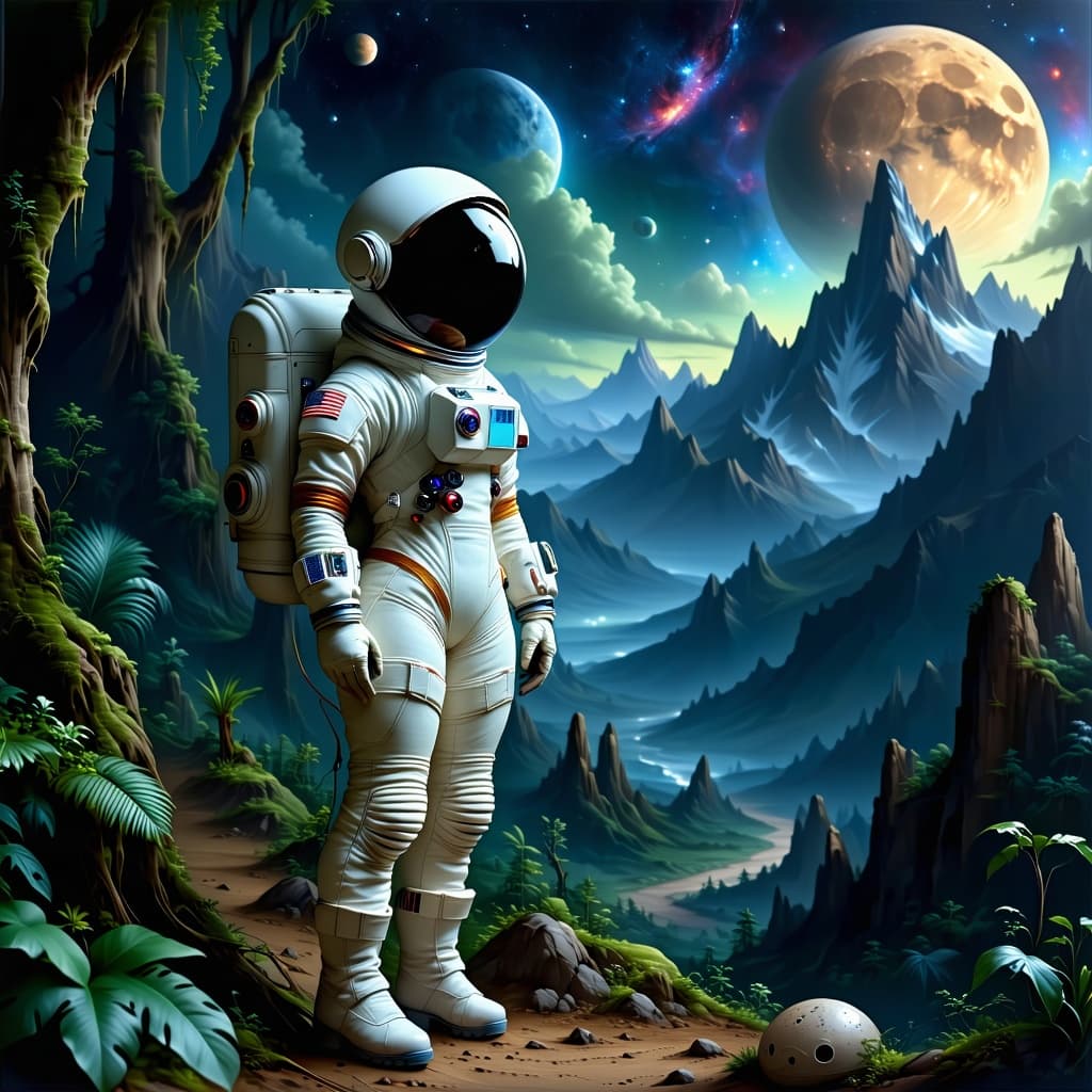 AI generated: seductive female ginger haired  astronaut on a jungleplanet ,different modelpositions,mountains,  be...