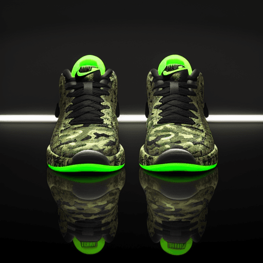 AI generated: photograph, productive, Nike shoes, camouflage pattern, black, spectacular reflection, neon