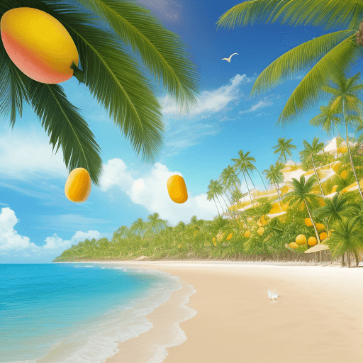 AI generated: realistic beach with palms,mangoes,rabbits,4k