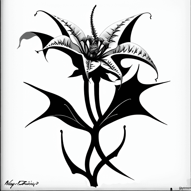 AI generated: Design of a stylized datura flower with a maggot on top of the flower , monochrome colors , white ba...