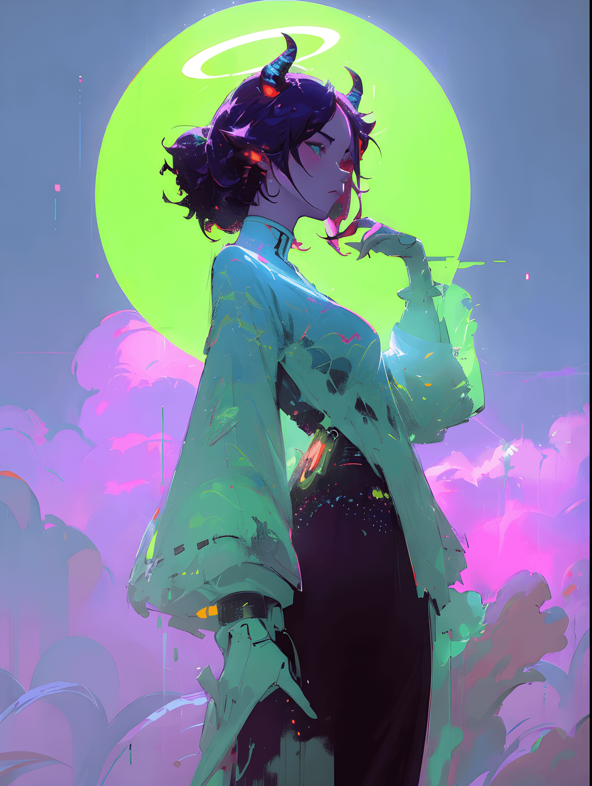 AI generated: a digital painting of a woman with horns on her head, inspired by Ross Tran, flourescent colors, gir...