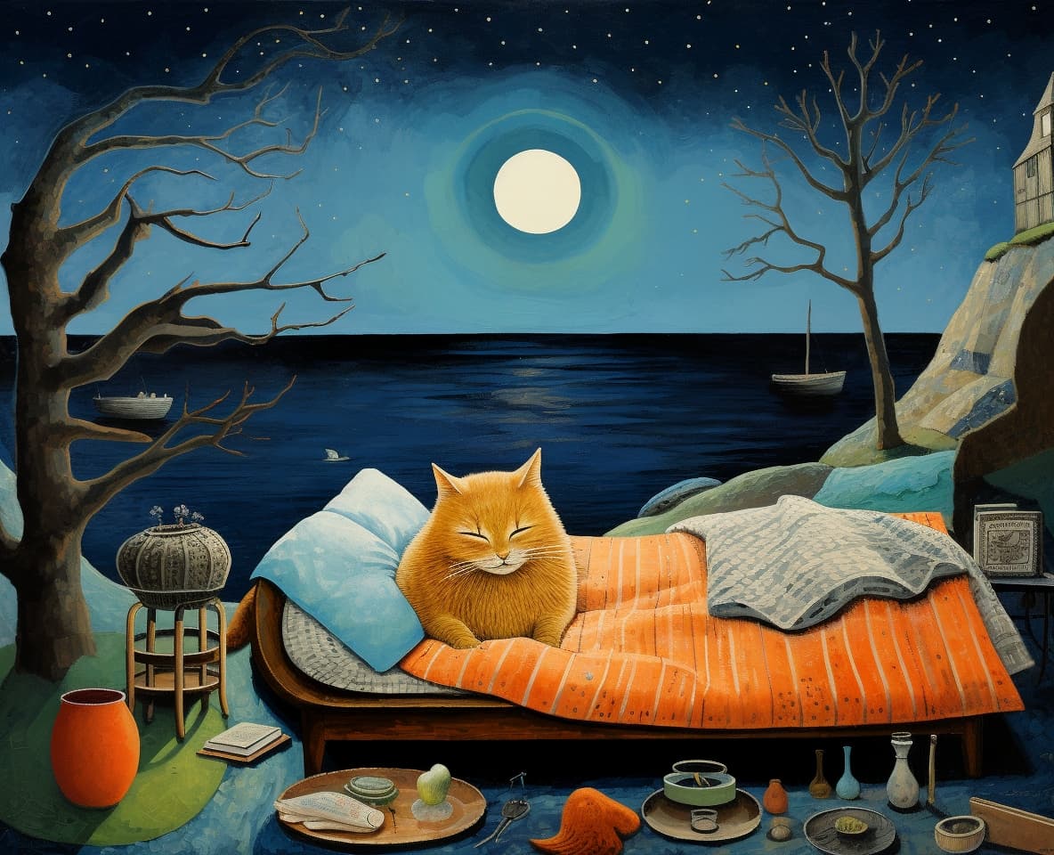 AI generated: illustration, surrealism, orange cat sleeping on a blue velvet pillow in bed with a colorful striped...