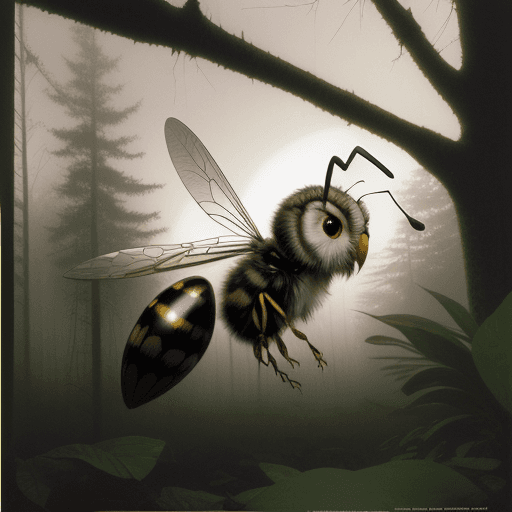 AI generated: Hyper realistic eye level exterior photo of a wasp flying around a stationary owl, pale sunrise, for...