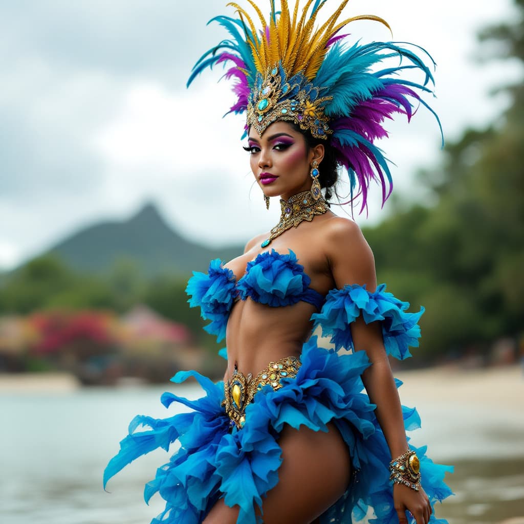 AI generated: A asian woman, 20years, in a Brazilian carnival outfit