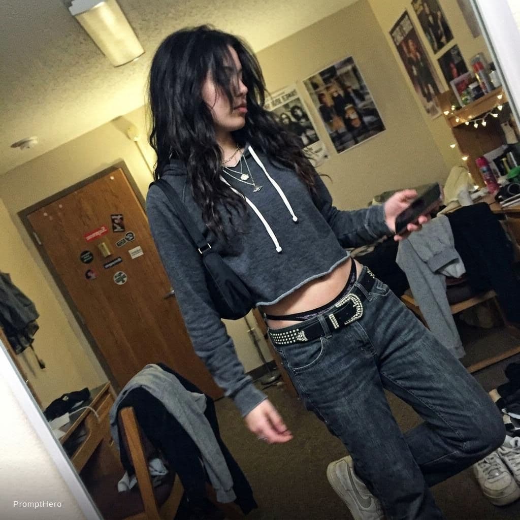 AI generated: a lo-fi 2015s-era, diagonally taken, low-quality iPhone photo of a 20-year-old baddie. The shot is i...
