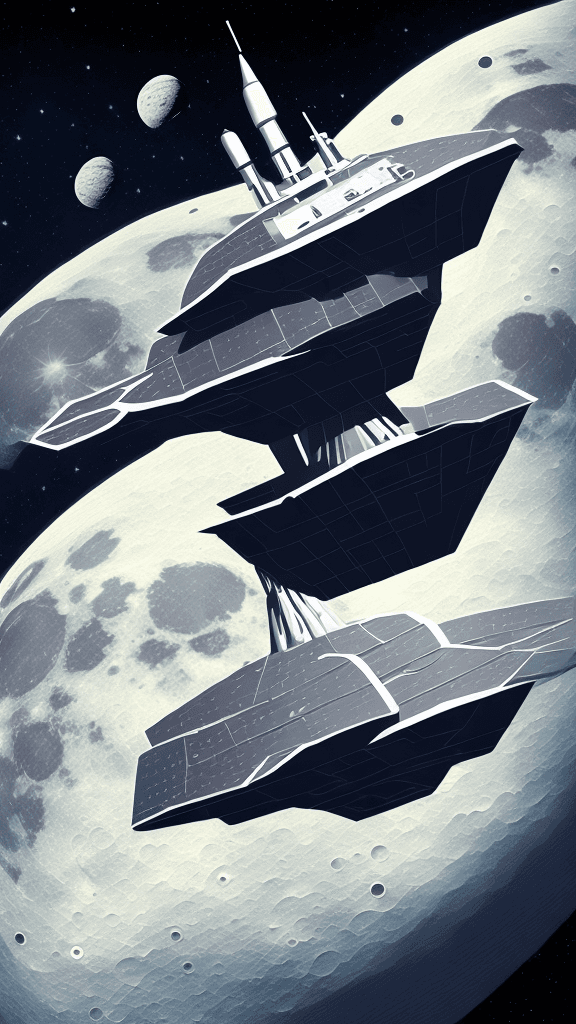 AI generated: Illustration of a spaceship orbiting the moon, angular shapes, detailed ship, high resolution
