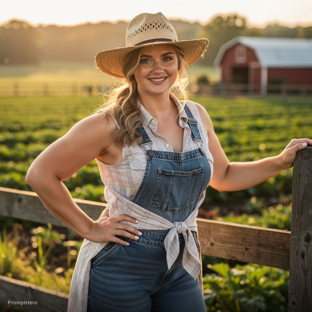 AI generated: Busty Farmer Girl, tanlines, blond hair, Blue eyes, massive tits, Big ass