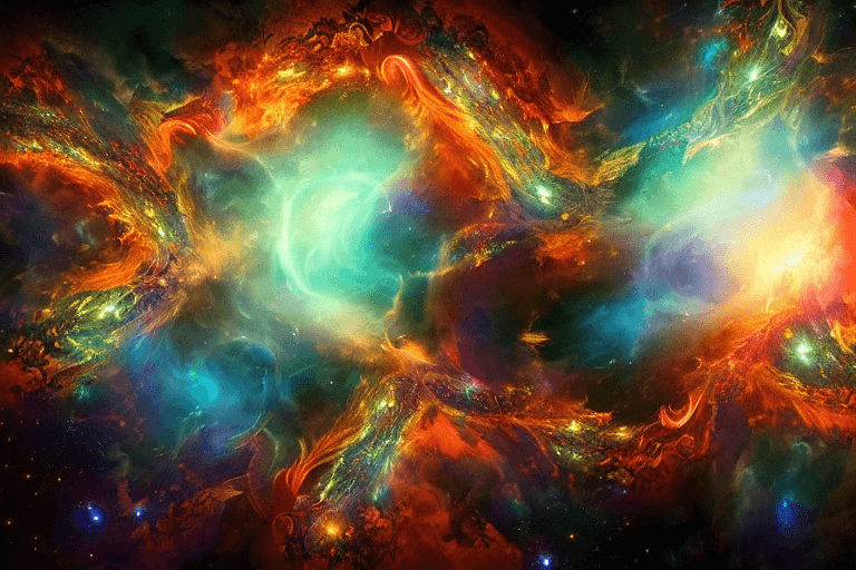 AI generated: raytraced render and digital painting a scene of complete madness, by  kinkade, cosmic entities, cel...