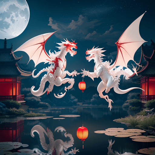 AI generated: Photo of a white chinese dragon and red chinese dragon, dancing together flying mid-air, beautiful m...