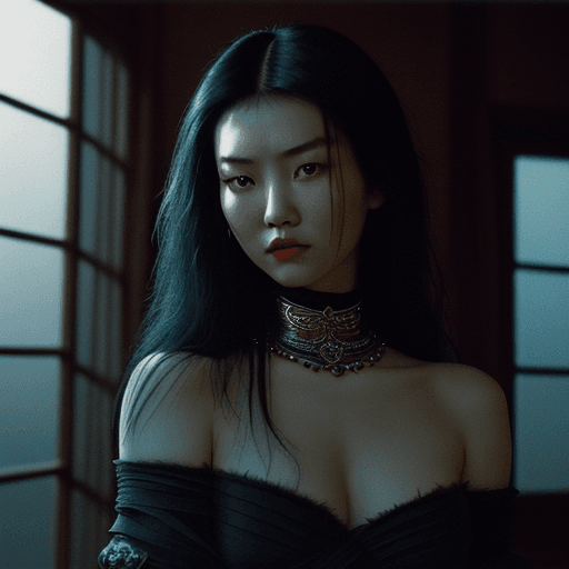 AI generated: analog color film photograph of a Mongolian woman wearing very low cut designer clothing, her long b...