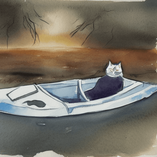 AI generated: watercolor. storm, night, 
 a cat in a kayak