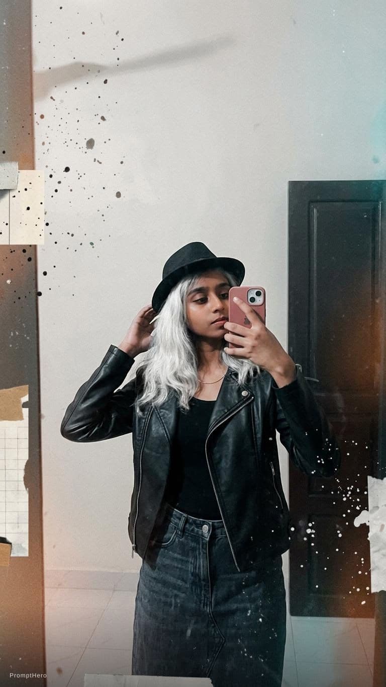 AI generated: a woman with white hair wearing a tight black jacket and a hat, in the style of mashup of styles, li...