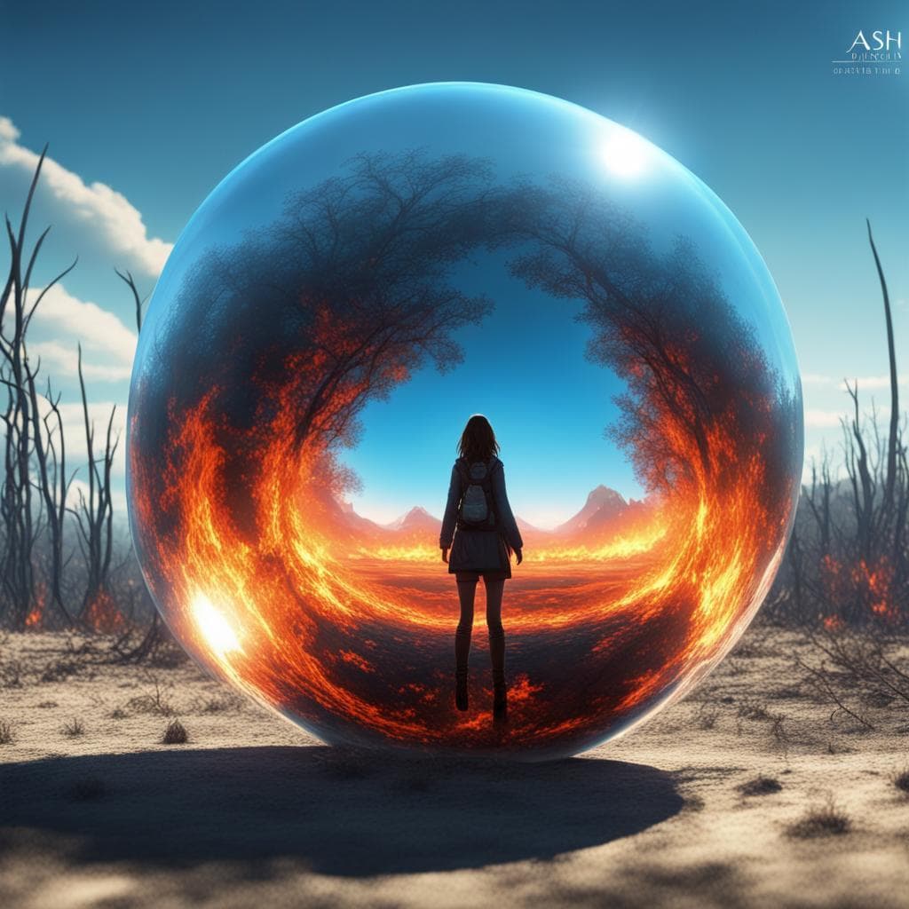 AI generated: a girl trapped inside of an orb filled with fire, surrounded by burning trees, background of burnt t...
