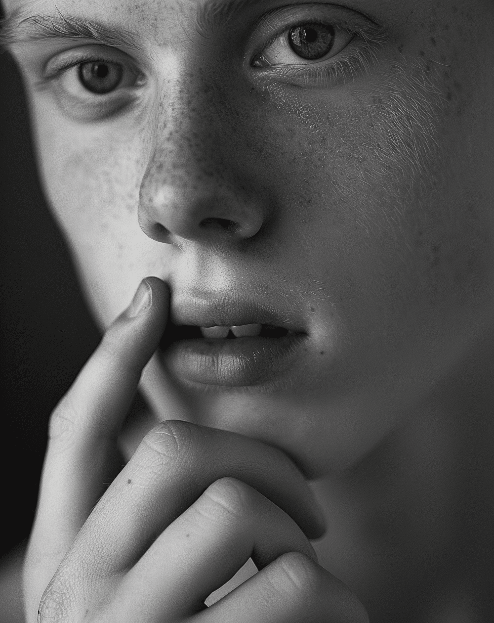 AI generated: black and white photo of young man, hand on chin, finger to lips, soft focus, shot with Leica M3 cam...