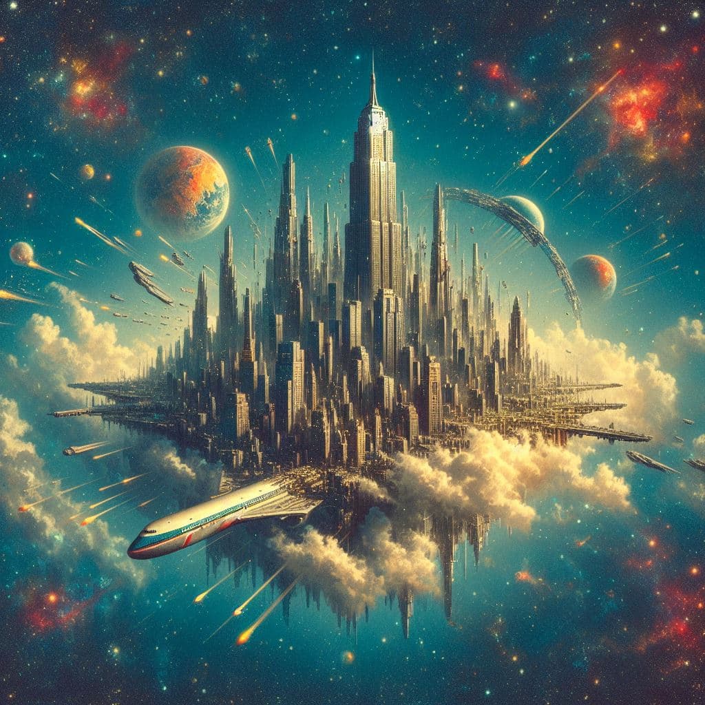 AI generated: Retro-Sci-fi concept of Cities in Flight, breathtaking sight of Manhattan as an island torn out of t...