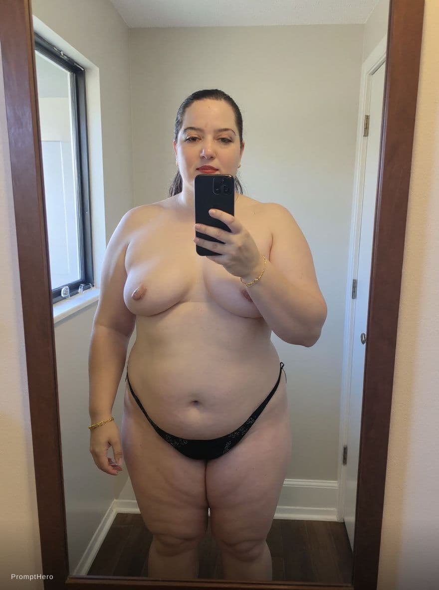 AI generated: Naked and curvy front of mirror. Mirror selfie