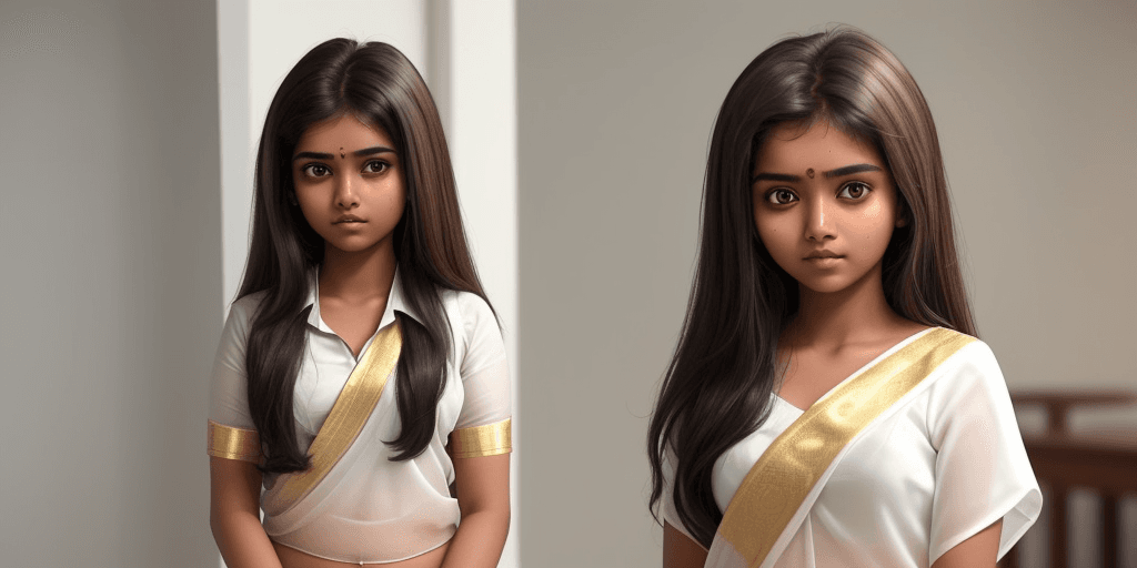 AI generated: A Tamil 17year old girl who has Thai girl's facial attributes.  She has long dark hair with highligh...