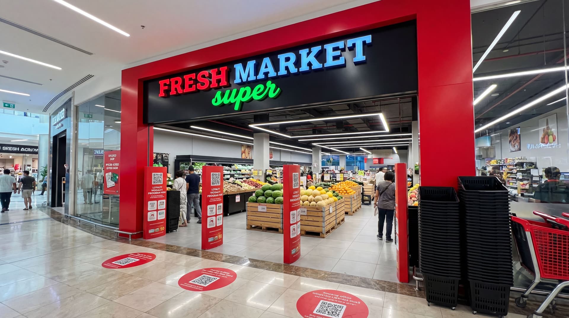 AI generated: This image shows the entrance to an FRESH MARKET super, a large supermarket located inside what appe...