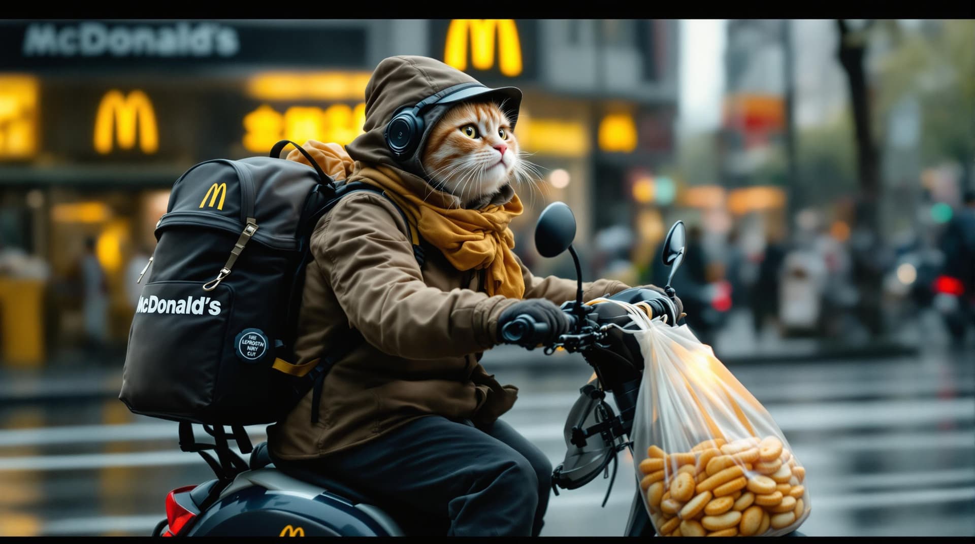AI generated: Photography, realistic, a cute cat wearing a McDonald's delivery uniformis riding an electric scoote...