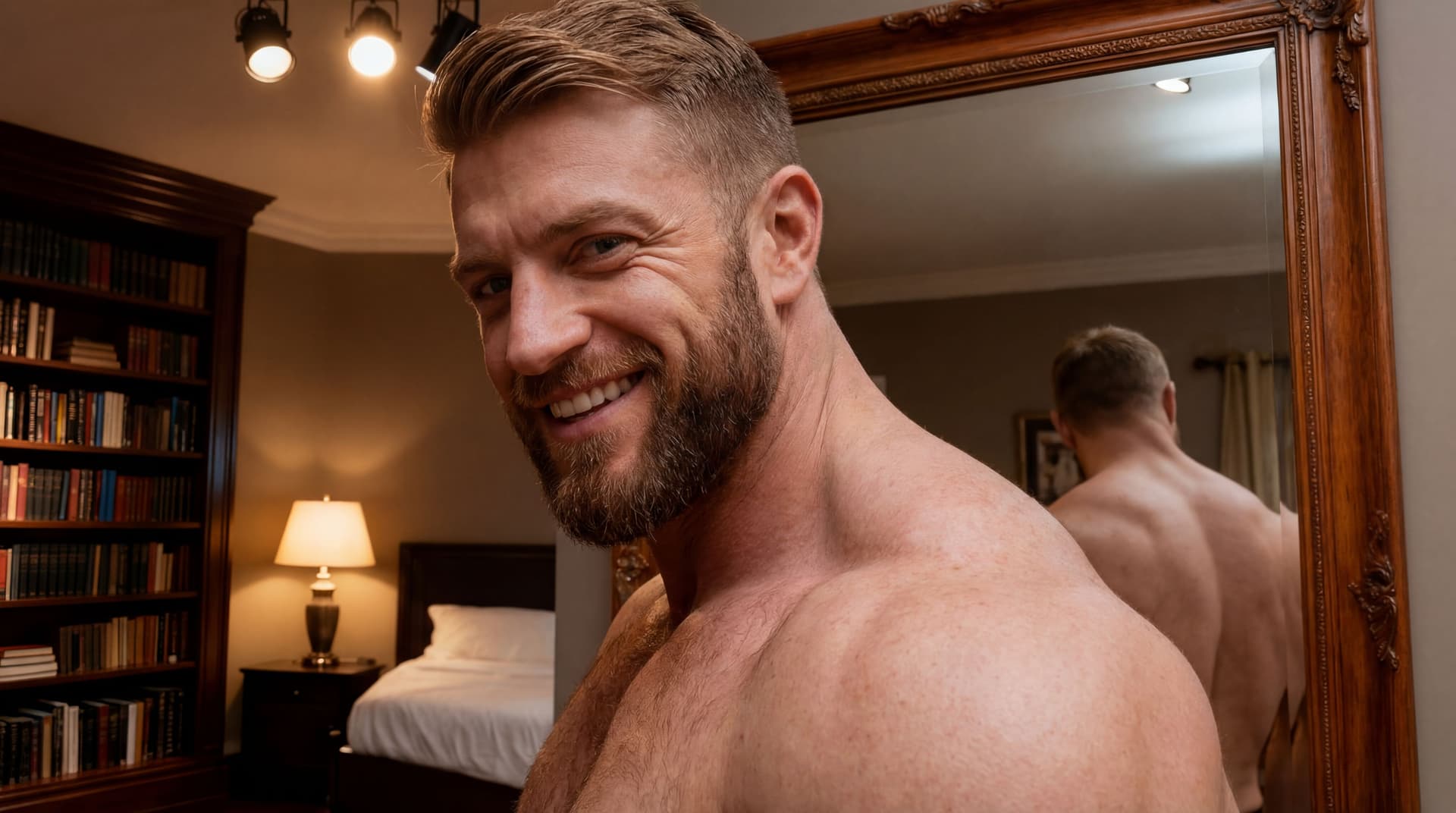AI generated: The bodybuilder is walking away from the mirror. He is turning his face back with a smile. The view ...