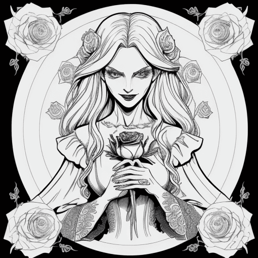 AI generated: an evil witch coloring page, in a garden of beautiful flowers, holds a rose in her hands well detail...