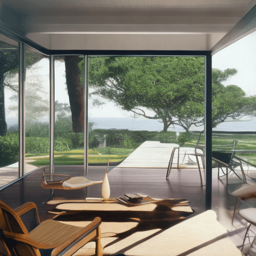 AI generated: Hyper realistic eye level exterior photo of a mid century modern style house overlooking the ocean, ...