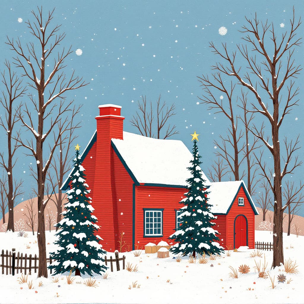 AI generated: a red house with a chimney and trees in the snow with a blue sky behind it and a red chimney, Ernest...