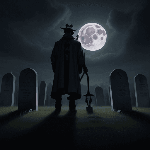 AI generated: night light, cloudy full moon, tombstones on a meadow, a poorly dressed gravedigger with a shining r...
