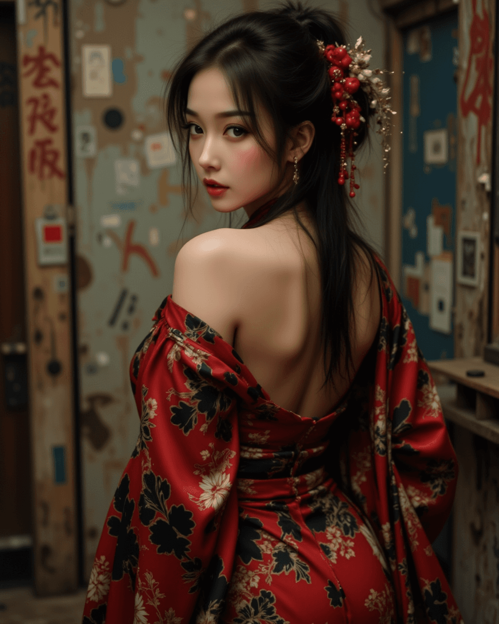 AI generated: An alluring Asian woman in a red and black kimono, partially slipping off her bare shoulders and bac...