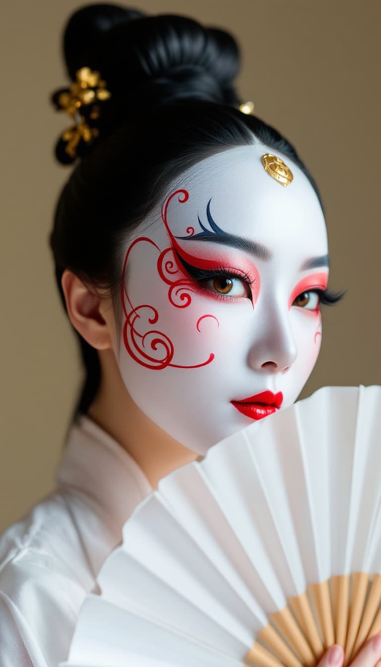 AI generated: A beautiful Sichuan Opera face-changing master, graceful and swift, holds a delicate folding fan. Sh...