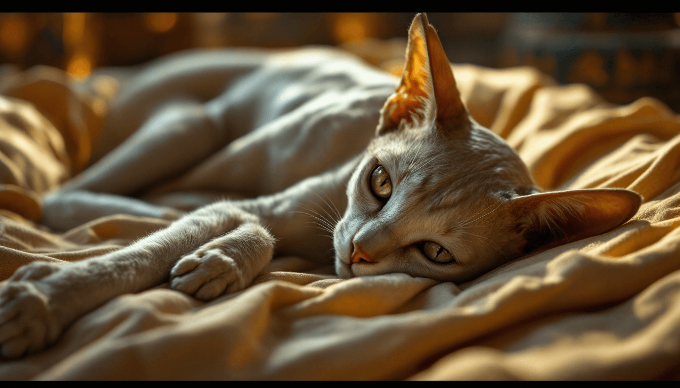 AI generated: (hyper-detailed) (8K) photorealistic image of a Sphinx cat laying on an  Egyptian style bed.