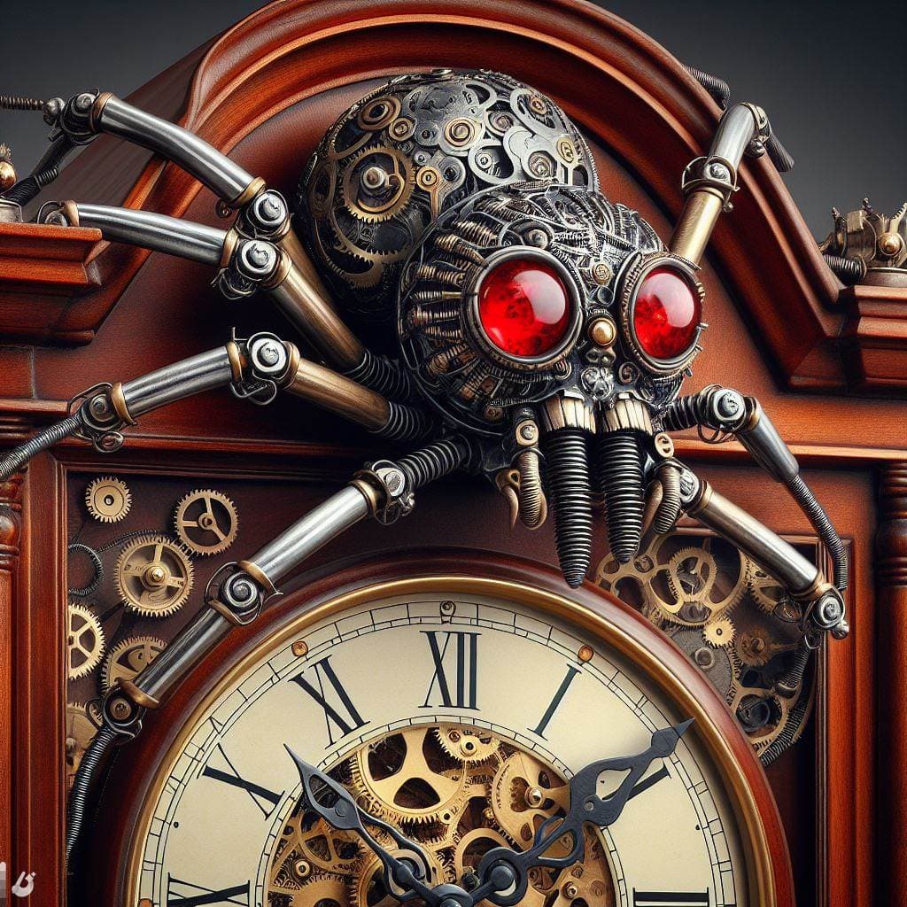 AI generated: Clockwork spider on grandfather clock