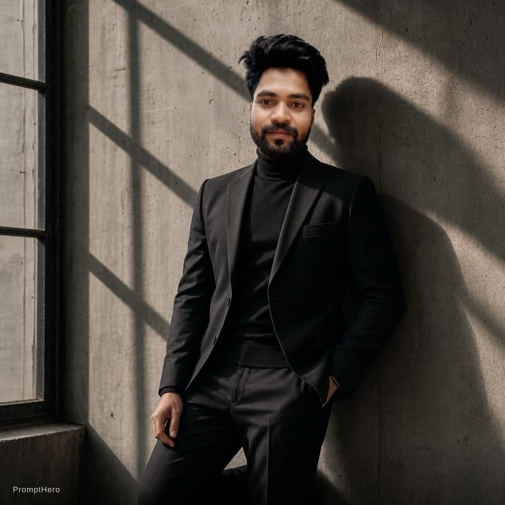 AI generated: this as A man in a tailored black
blazer and turtleneck stands against a
concrete wall. One foot u...