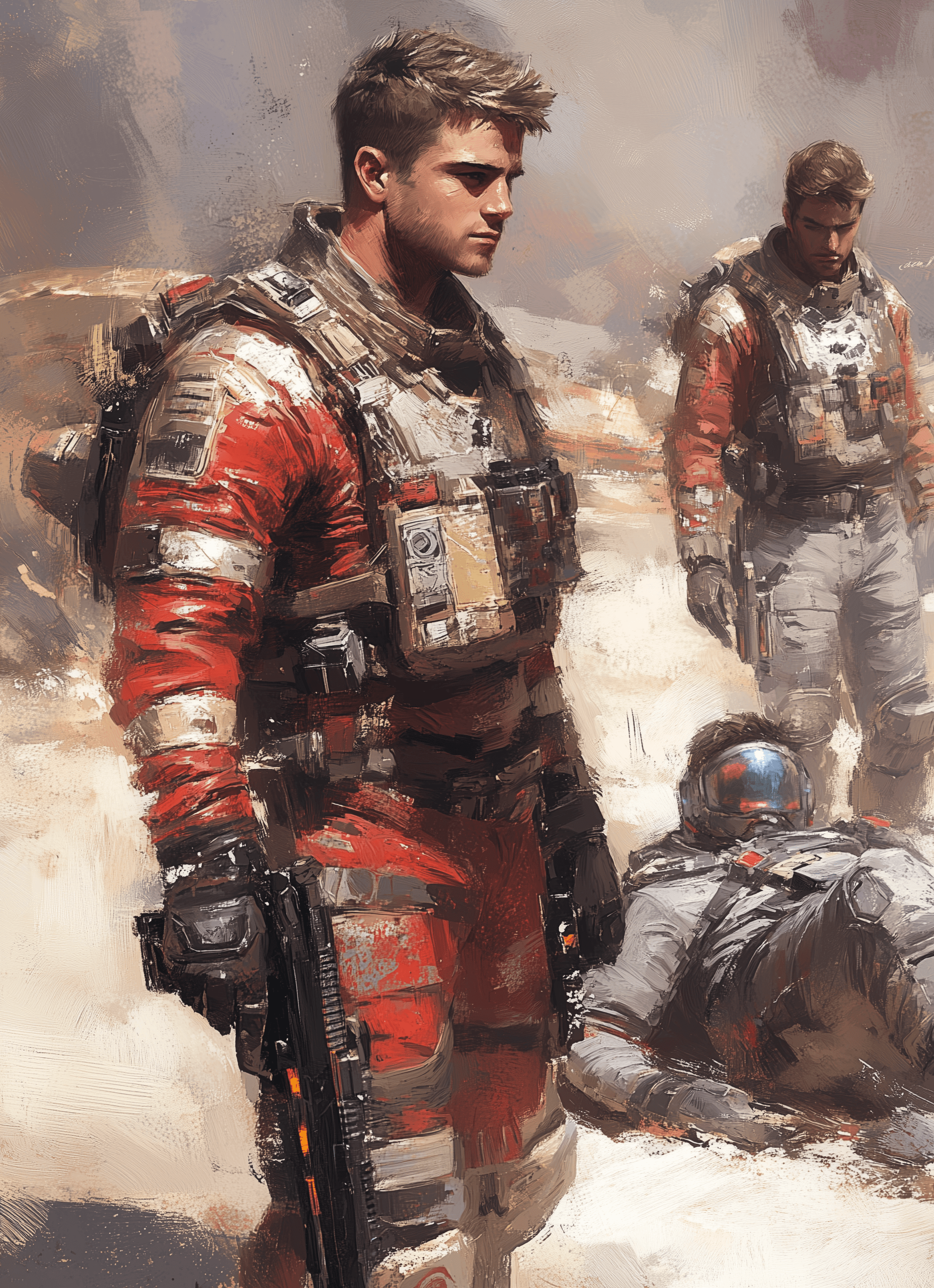 AI generated: A muscular space soldier in red and silver armor with short hair holding an electric blaster rifle s...
