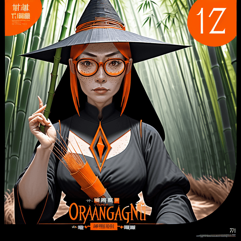 AI generated: . orange glass. movie poster, musculine female character in black,asian cone-shaped bamboo hat, medi...