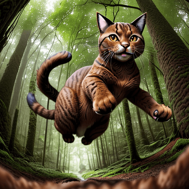 AI generated: frontal view of a nice, wise, giant brown cat jumping in a prehistoric forest, looking down, frontal...