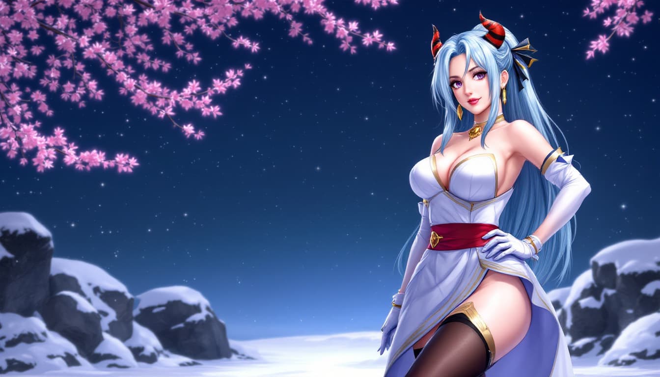 AI generated: a digital artwork of a woman with long, light blue hair and purple eyes, posing in a white dress wit...