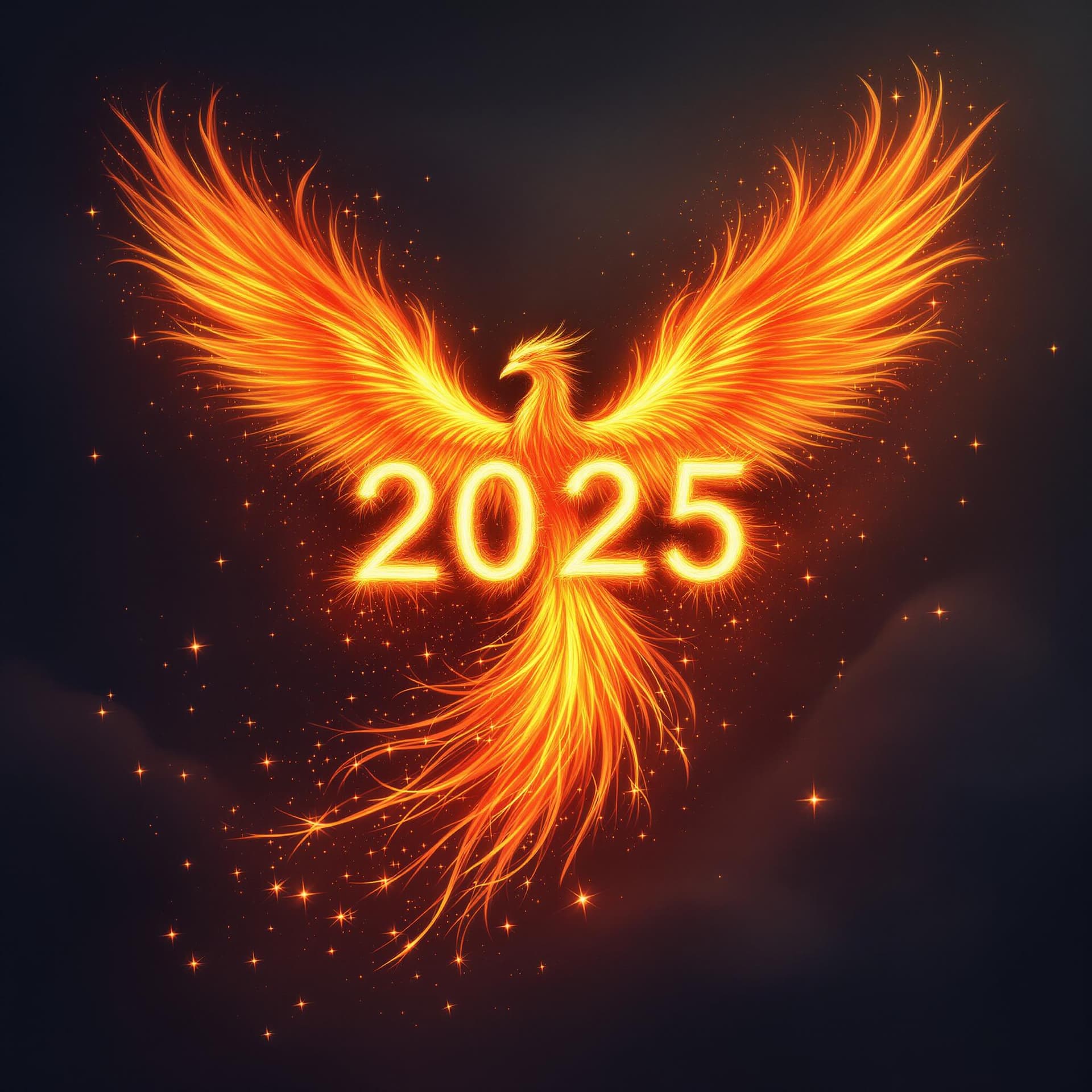 AI generated: A majestic phoenix soaring into a dark sky, its fiery wings spreading wide and forming the numbers '...