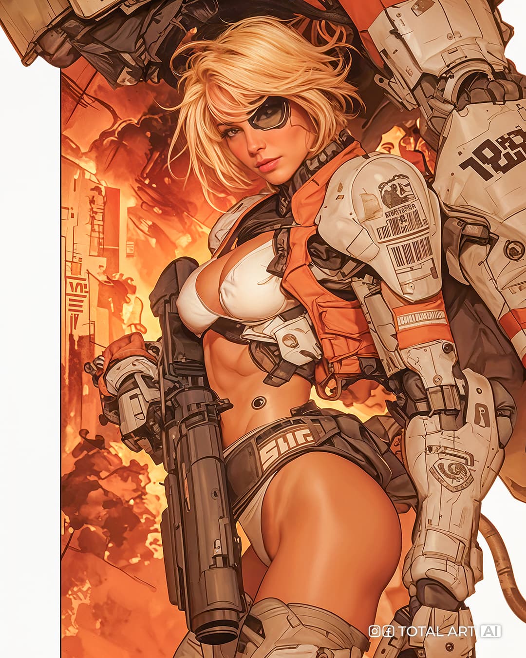 AI generated: Photorealistic comic book cover illustration by Travis Charest style of 85 mm full body view, mech w...