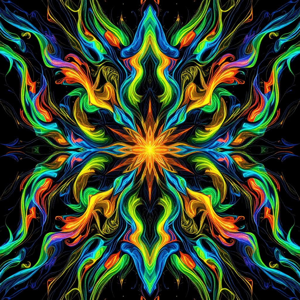 AI generated: "Create a vibrant, symmetrical abstract composition featuring dynamic organic shapes and intricate p...
