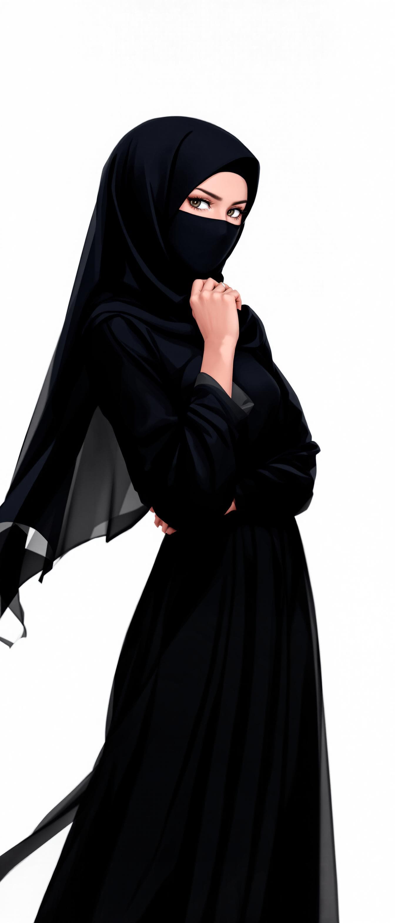 AI generated: manga anime, wearing a black hijab with the covering face like a Arabian woman in black clothes, sim...