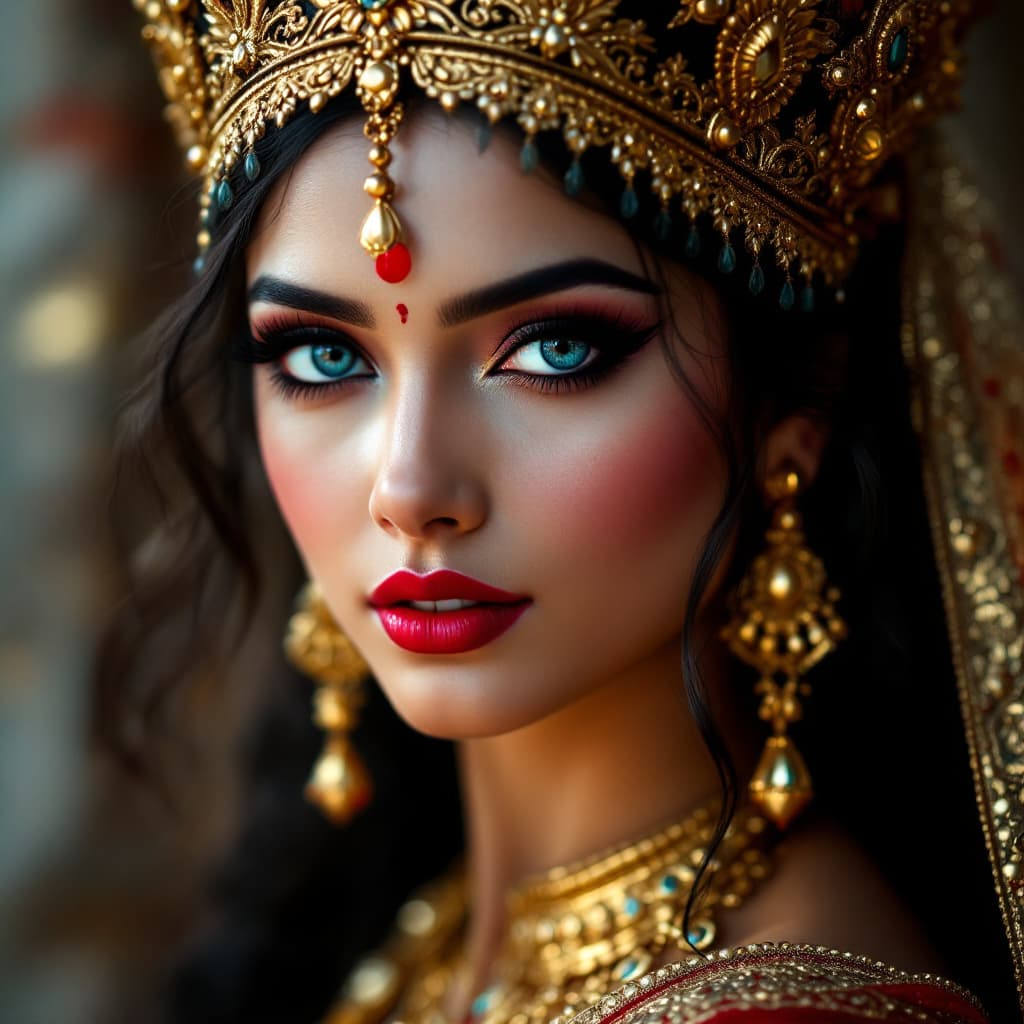 AI generated: Goddess with blue dark eyes, eyeliners and red lips in crown and saree