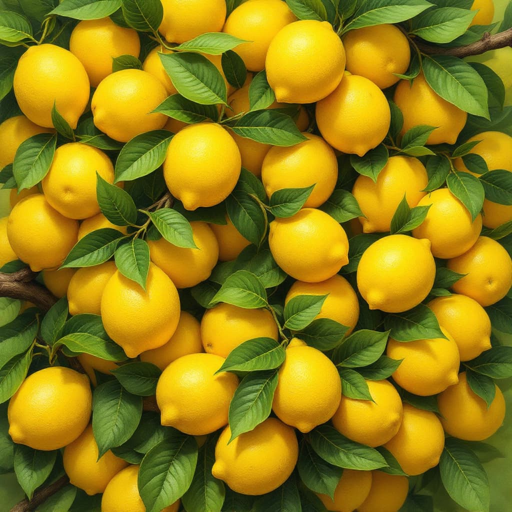 AI generated: This is a highly detailed, realistic painting depicting a close-up view of a lemon tree heavily lade...