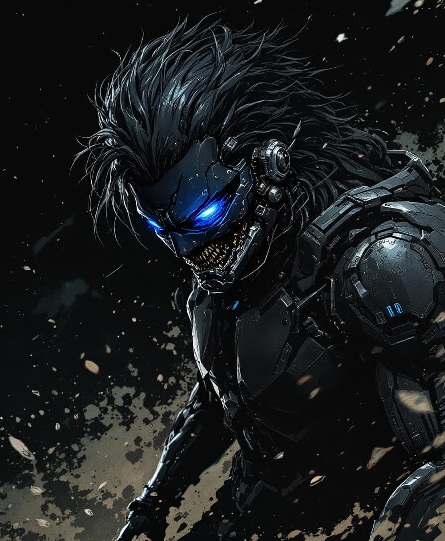 AI generated: male cyborg, dark background, Hyperrealism style, full growth, anime, blue fire in the eyes, Metal G...