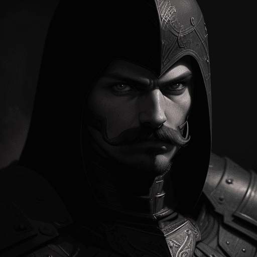 AI generated: Slavic young man knight with moustache in black wearing battle armor, in dynamic, atmosphere of dark...