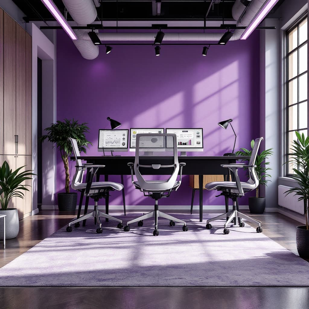 AI generated: technology office in spain have the purple energy Spacious office with frontal view, Herman Miller A...