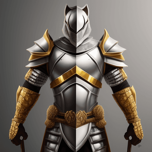 AI generated: Leão de pé, com armadura de cavaleiro templário e máscara cobrindo os olhos, empunhando uma espada d...