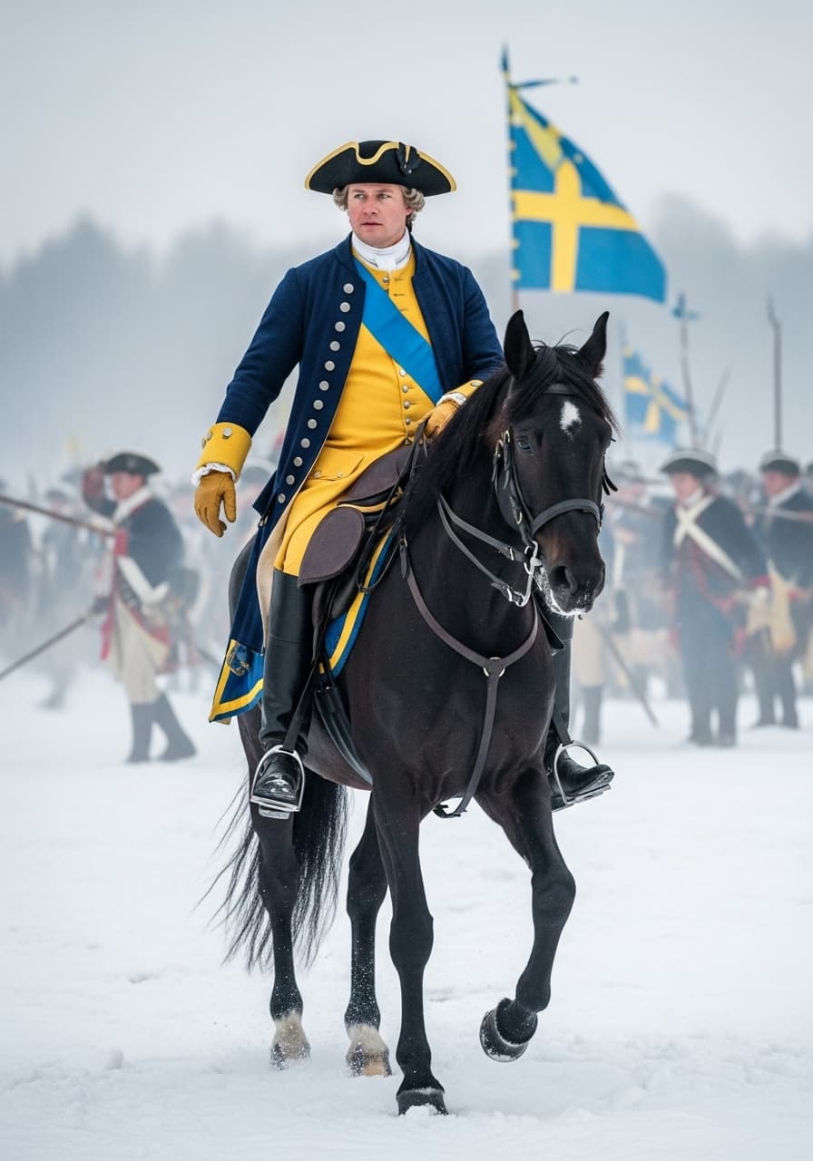 AI generated: King Karl XII of sweden at battle of narwa in 1700 ,winter snow ,swedish blue and yellow battle unif...